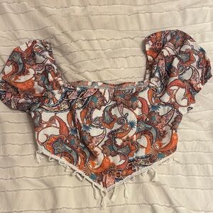 Paisley Puff Sleeve Crop Top